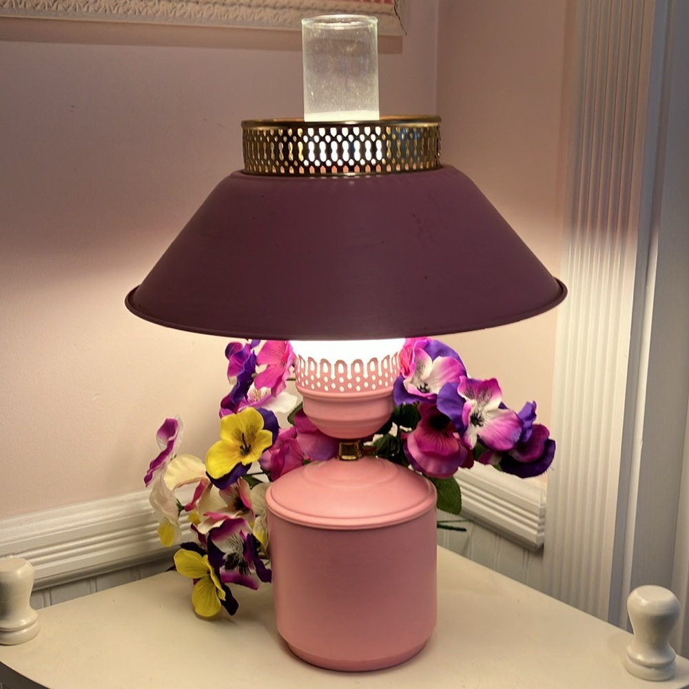 Vintage Hurricane Lamp Painted Pink, All Metal